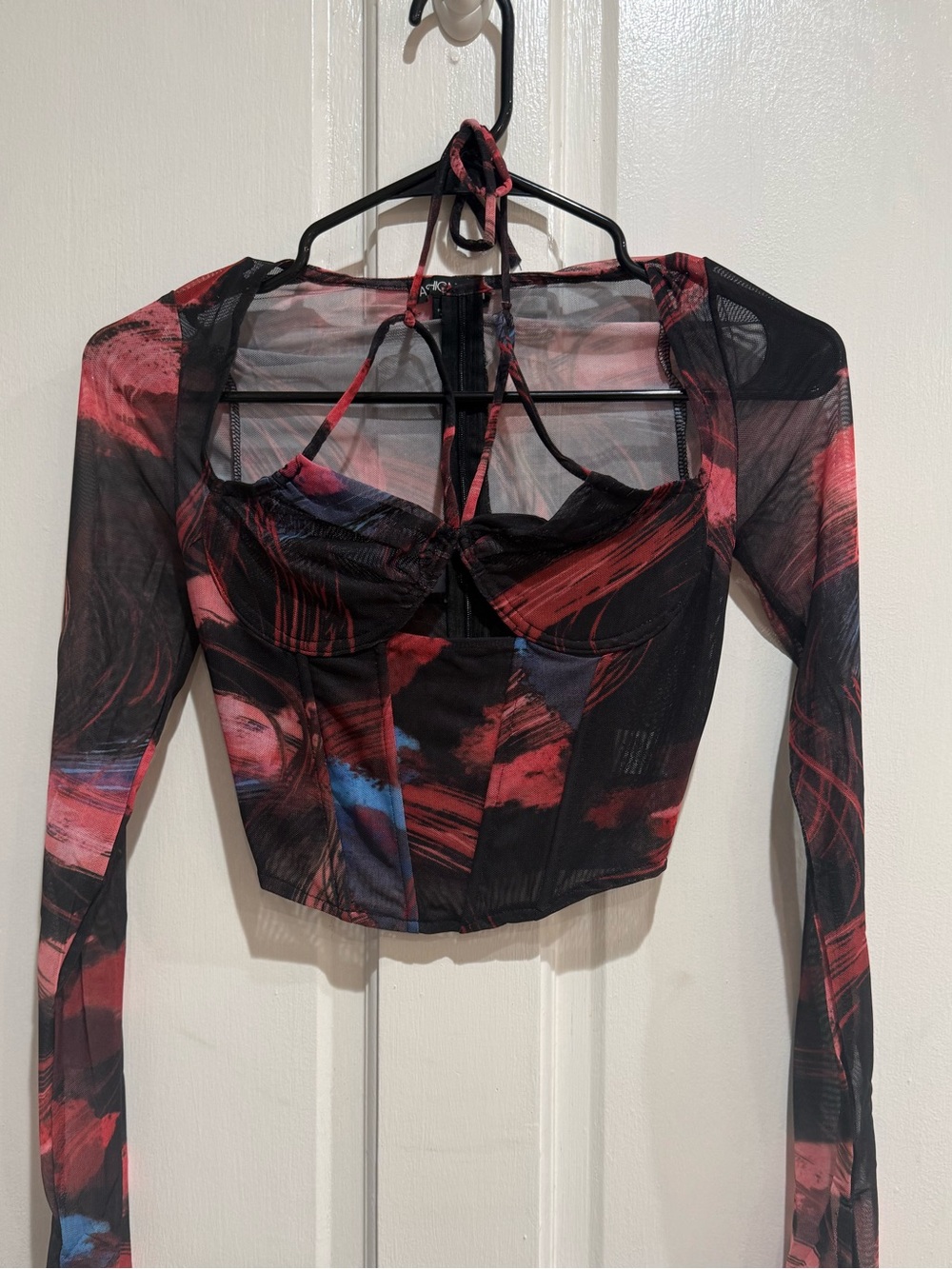 Fashion Nova Red & Black Mesh Corset Halter Crop Top